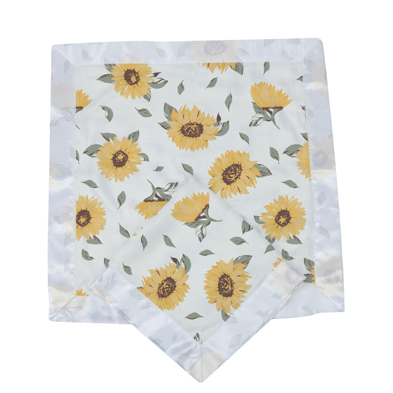 Sunflower Farm Newcastle blankie with yellow sunflower print on bamboo muslin fabric.
