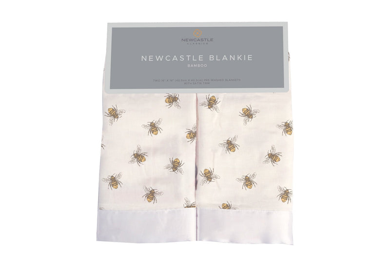 Honey Bee Newcastle Blankie made from bamboo muslin with bee print.