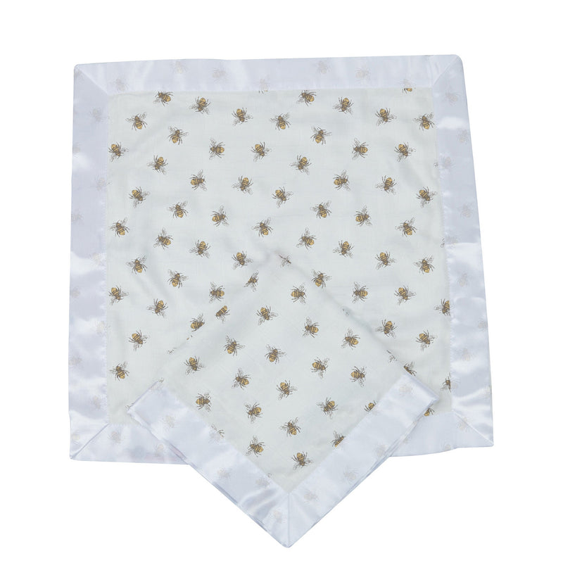 Honey Bee Newcastle Blankie made of 100% natural bamboo muslin, 16"x16".