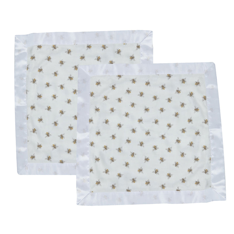 Honey Bee Newcastle Blankie, security blanket, 100% bamboo muslin, white with honey bee pattern.