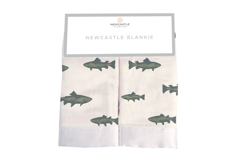 Newcastle Blankie with fish design, 16" x 16", 100% natural bamboo muslin.