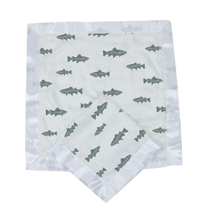 Gone Fishing Newcastle Blankie with fish pattern, 16x16 inches, 100% natural bamboo muslin.