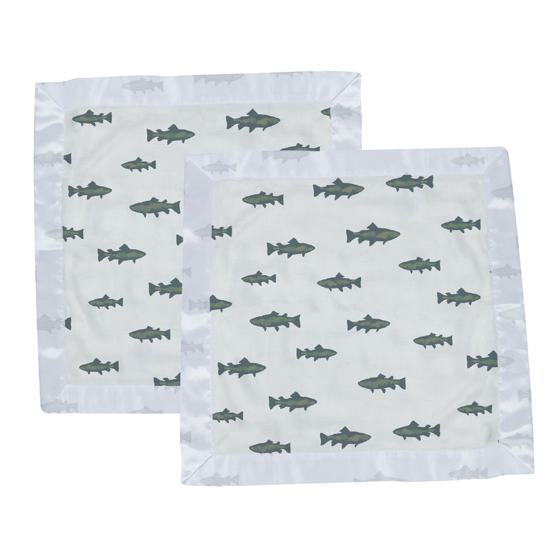Gone Fishing Newcastle Blankie with fish pattern, 100% natural bamboo muslin, 16x16 inches.