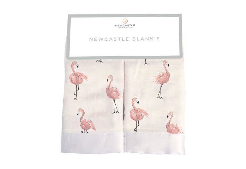 Dancing Flamingo Newcastle Blankie, 100% bamboo muslin security blanket with flamingo print, 16x16 inches.