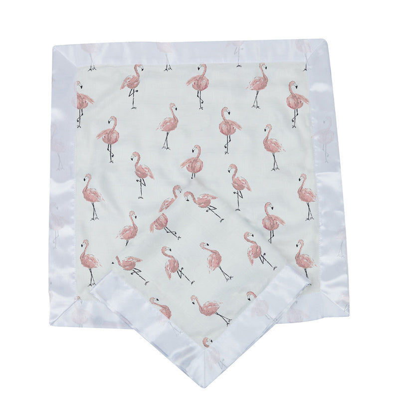 Dancing Flamingo Newcastle Blankie with pink flamingo patterns on soft bamboo muslin, 16" x 16".