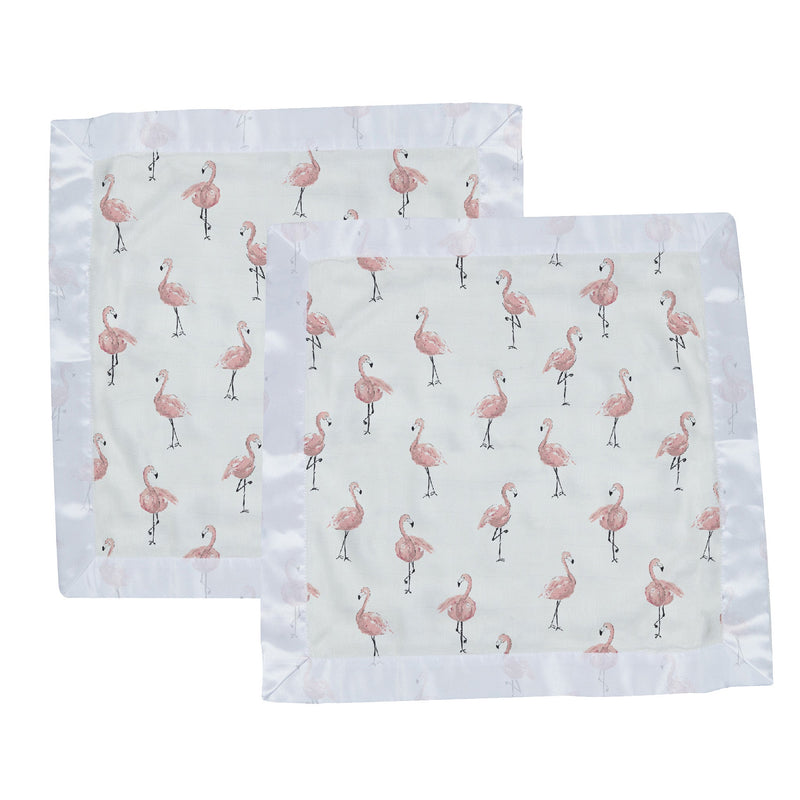 Dancing Flamingo Newcastle Blankie, 100% Bamboo Muslin, 16"x16", security blanket for kids, pink flamingo design.