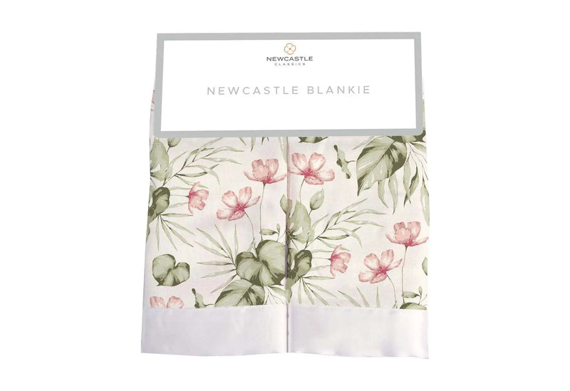 Silver Pink Orchid Newcastle Blankie with floral design, made of natural bamboo muslin.