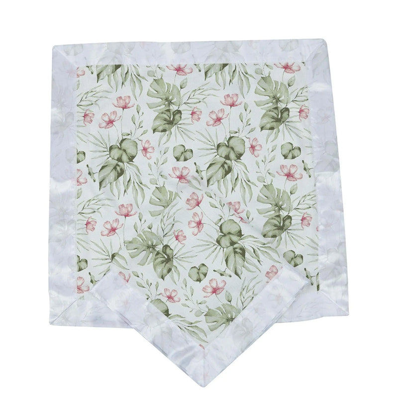 Silver Pink Orchid Newcastle Blankie in bamboo muslin with floral pattern.