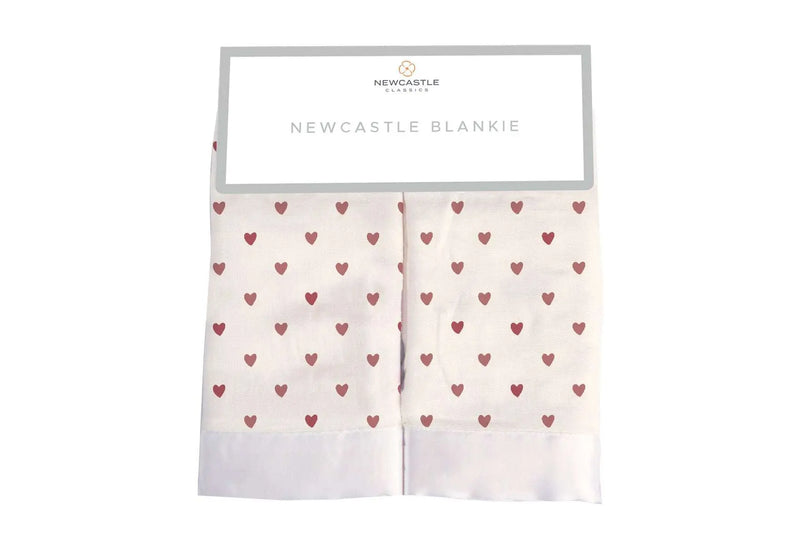 Two Hearts Newcastle Blankie with heart pattern, 100% natural bamboo muslin, 16x16 inches, perfect security blanket.