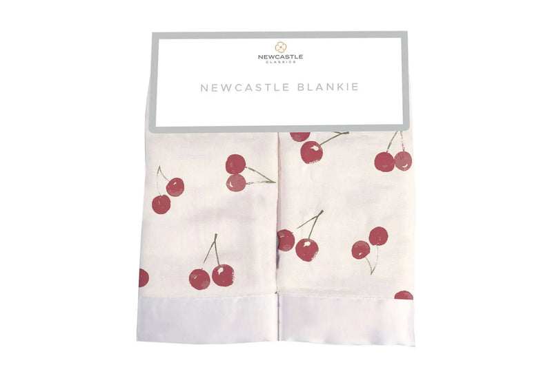 Sweetheart Cherry Newcastle Blankie with cherry pattern, 100% bamboo muslin, size 16"x16".