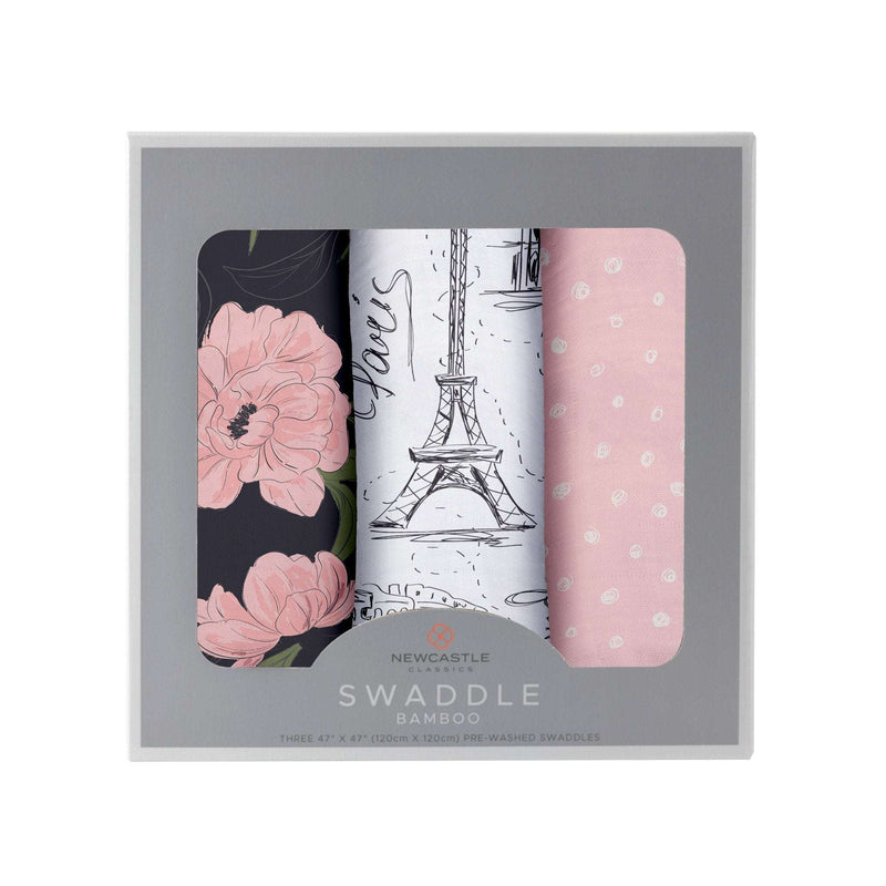 London Paris New York bamboo muslin swaddle pack with floral and city designs.
