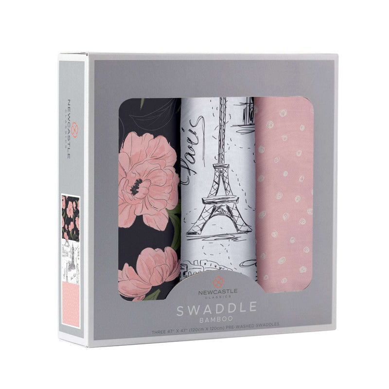 Three-pack of London, Paris, New York themed bamboo muslin swaddles in a gift box.
