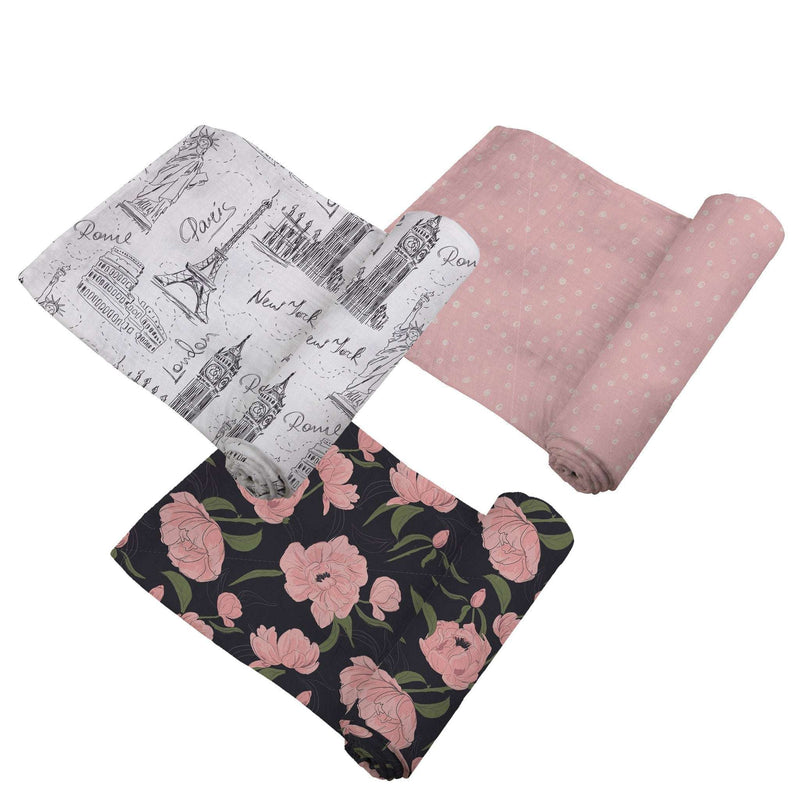 Three-pack of muslin swaddles featuring London, Paris, and New York designs; made from soft, breathable bamboo.