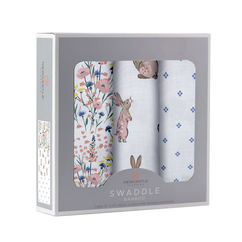 Wildflowers Bamboo Swaddles 3 Pack in box, featuring soft, breathable natural bamboo muslin fabric with floral and rabbit designs.