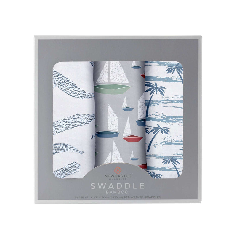 Ocean Tides Bamboo Swaddle 3 Pack with nautical designs, made from 100% natural bamboo muslin.