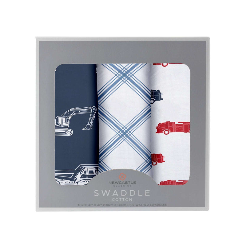 Things That Go Swaddle 3 Pack in natural cotton muslin with vehicle designs, 47"x47".