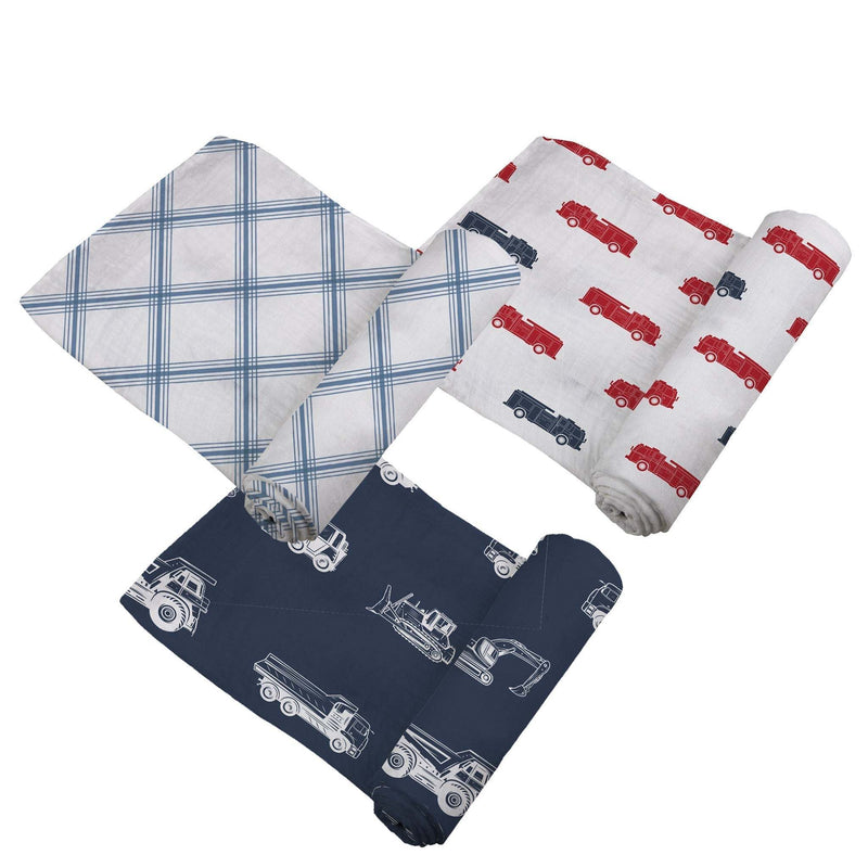 Three-pack of "Things That Go" swaddles featuring muslin fabric in vehicle patterns and plaid designs.
