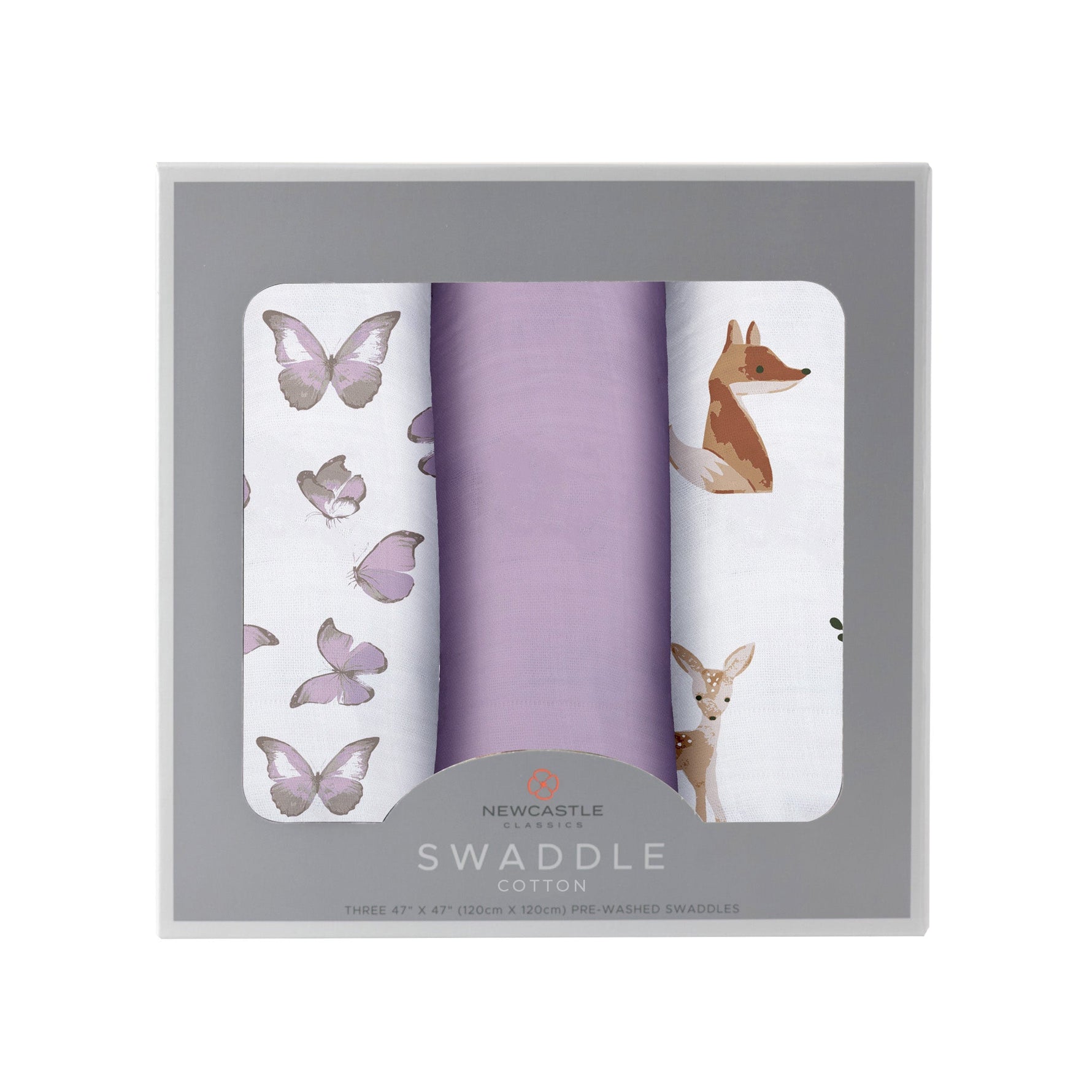 Three folded muslin swaddle blankets printed with foxes and butterflies in a mountain meadow theme