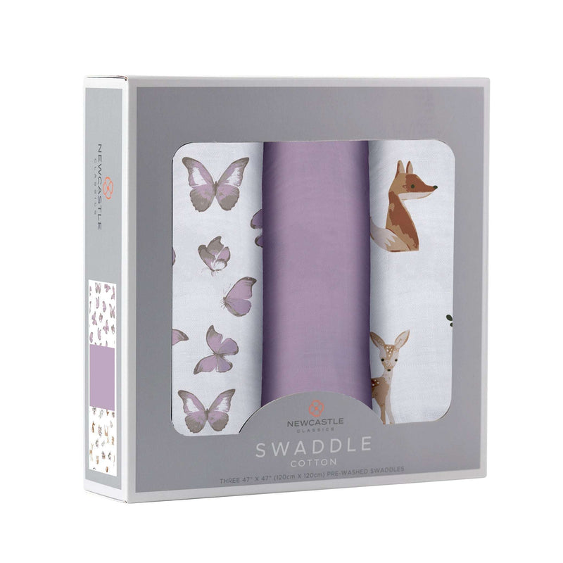 Mountain Meadow Swaddle 3 Pack featuring Sierra Fox & Butterfly design, made of soft, breathable 100% natural cotton muslin.