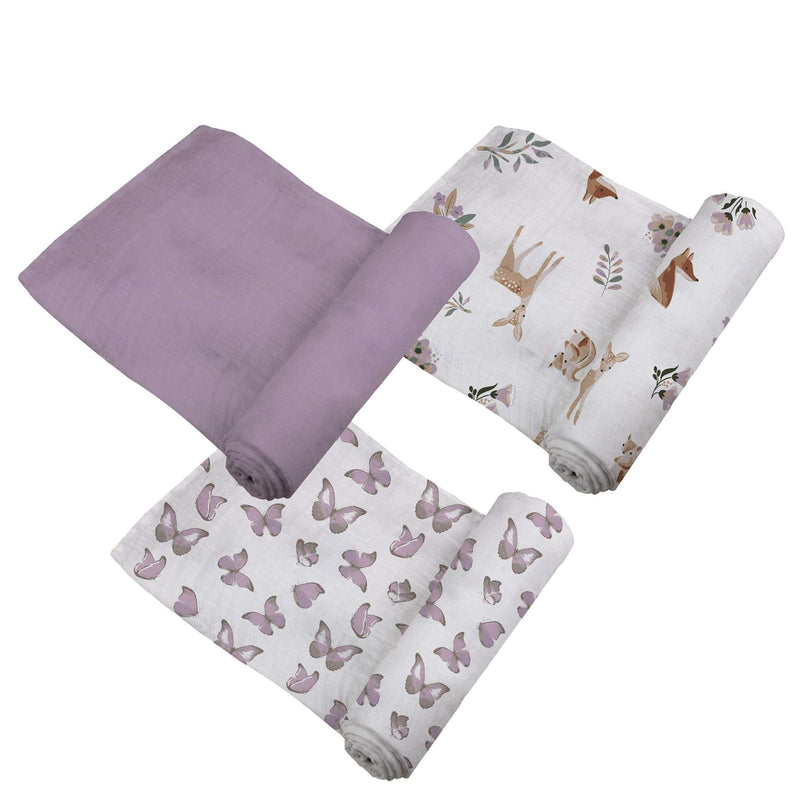 Mountain Meadow Swaddle 3 Pack featuring Sierra Fox and Butterfly designs in soft, breathable cotton muslin.