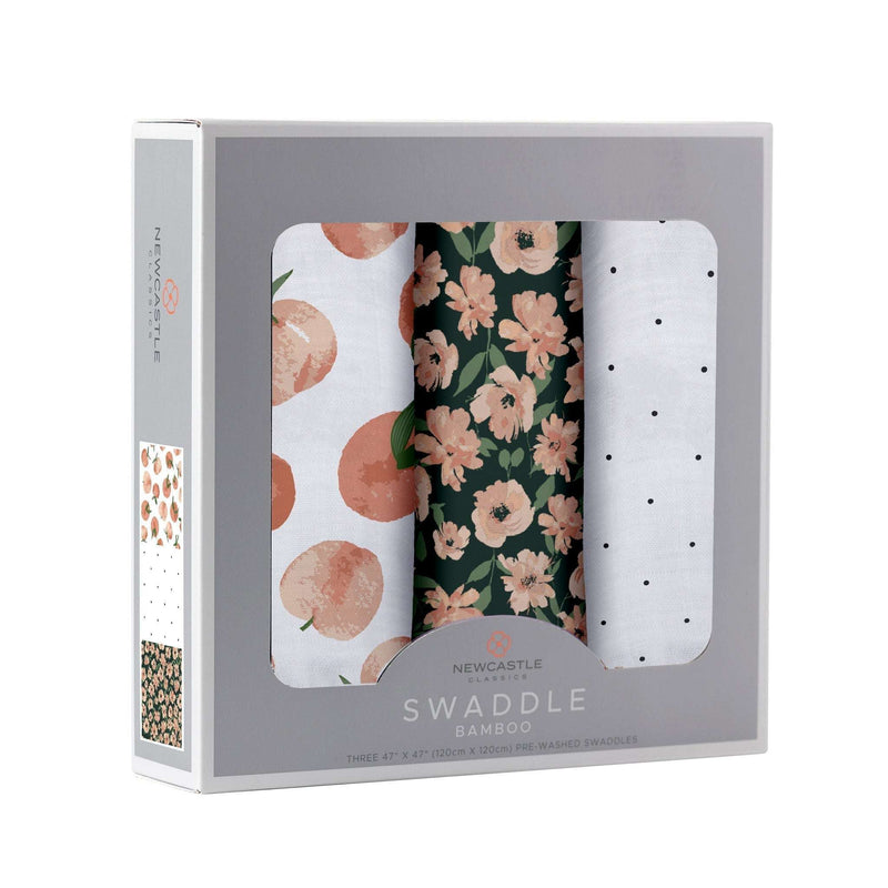 Canyon Sunset Bamboo Swaddle 3 Pack in box, soft bamboo muslin fabric, floral designs.