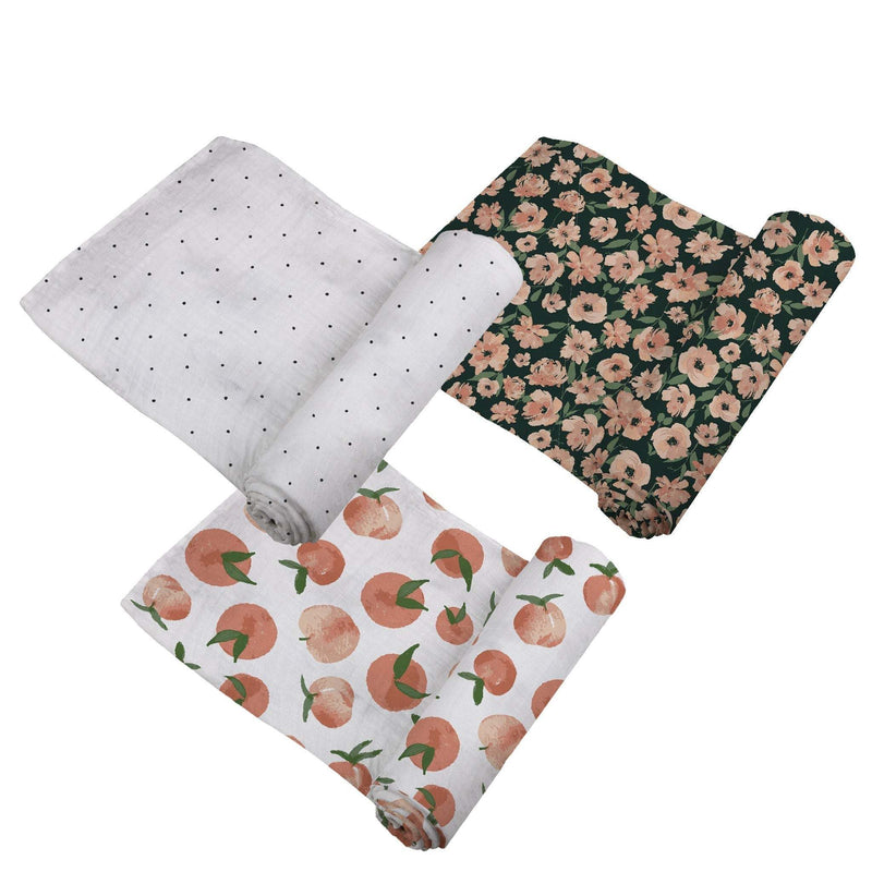 Canyon Sunset Bamboo Swaddle 3 Pack with floral and dotted designs.