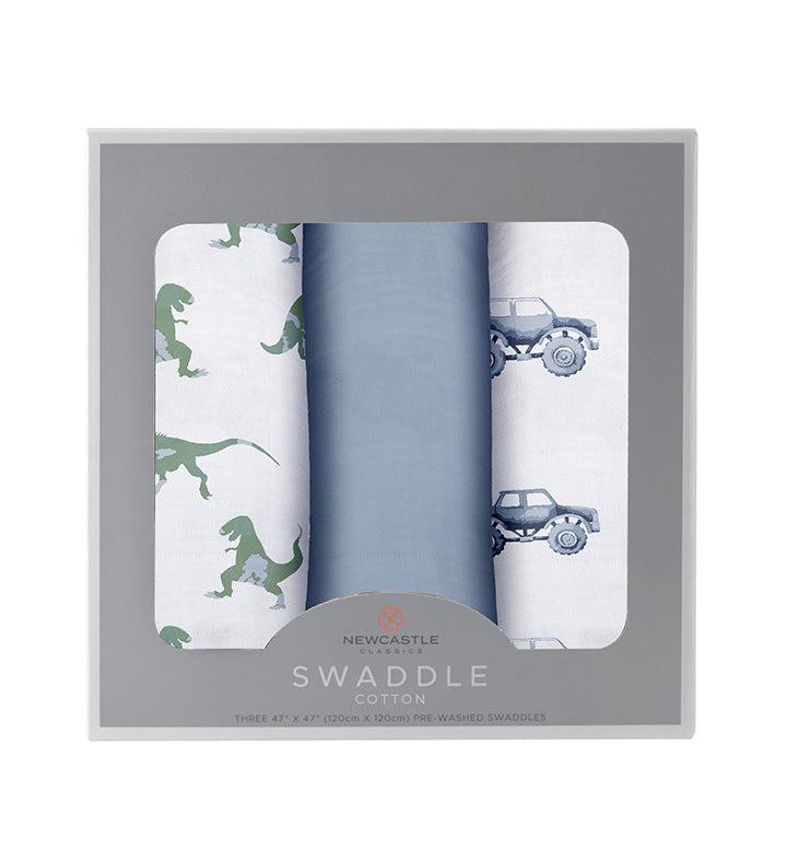 Rough Terrain Cotton Swaddle 3 Pack in gift box with dinosaur and vehicle patterns.