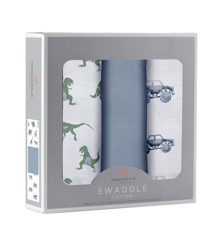 Rough Terrain Cotton Swaddle 3 Pack, featuring soft, breathable muslin with dinosaur and vehicle prints.