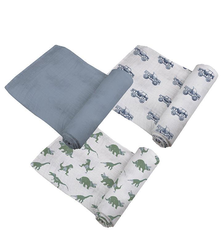 Three Rough Terrain Cotton Swaddle pack with dinosaur and car patterns, made from 100% natural cotton muslin, 47"x47".