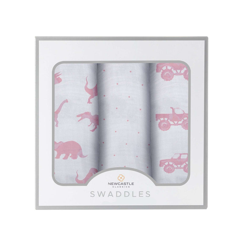 Pretty In Pink bamboo muslin swaddle set of three in packaging.