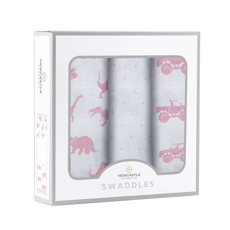 Pretty In Pink Bamboo Muslin Swaddle 3PK in packaging, featuring soft breathable fabric with pink patterns.