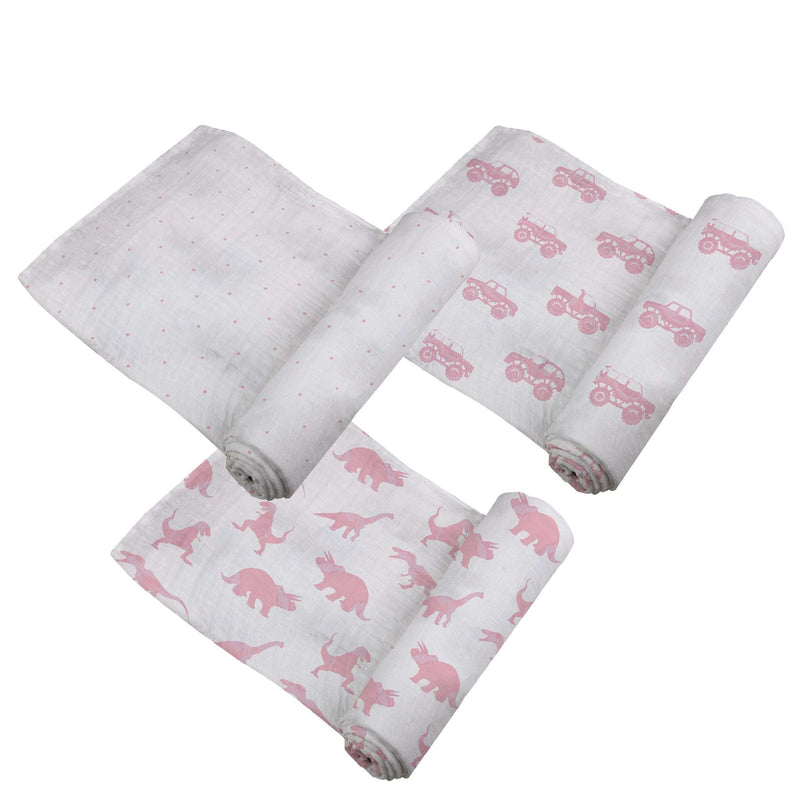Pretty In Pink Bamboo Muslin Swaddle 3PK with playful pink patterns on breathable bamboo fabric.