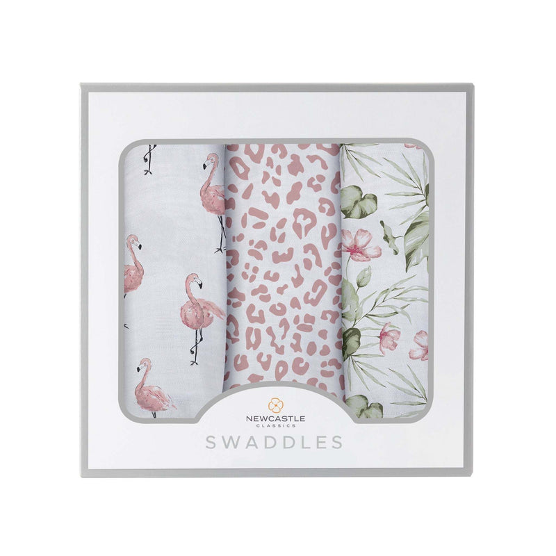 Tropical Paradise Bamboo Muslin Swaddle 3PK in floral and animal prints.