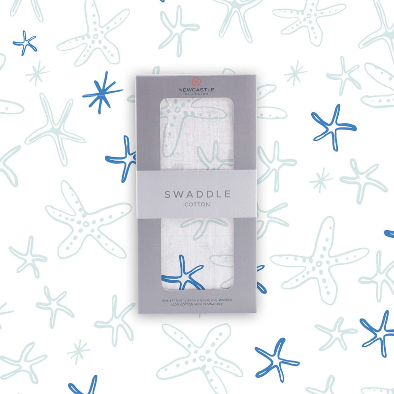 Starfish Cotton Muslin Swaddle with breathable 100% natural cotton fabric in starfish print.