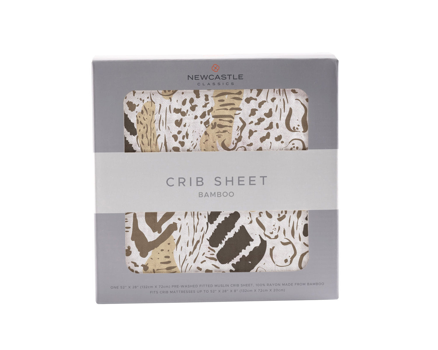 Bamboo muslin crib sheet with an animal print pattern fitted over a crib mattress