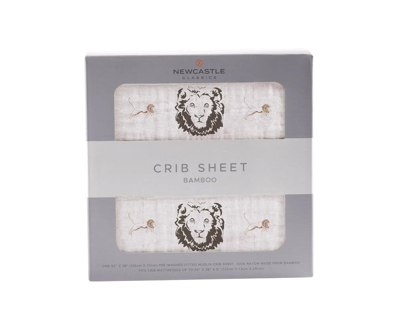 Hear Me Roar Lion bamboo muslin crib sheet in packaging.