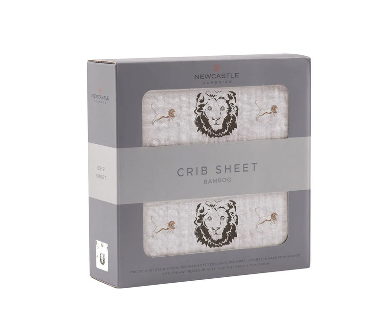 Hear Me Roar Lion bamboo muslin crib sheet packaging with lion design.