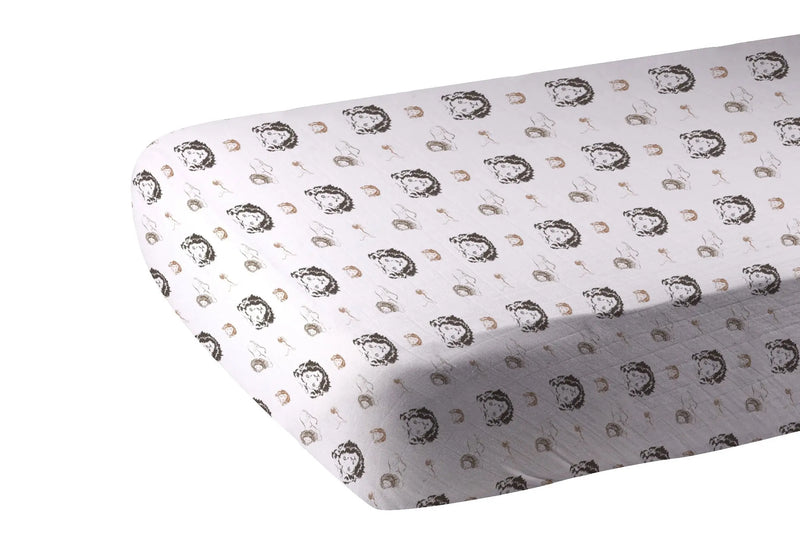 Hear Me Roar Lion bamboo muslin crib sheet with lion print.
