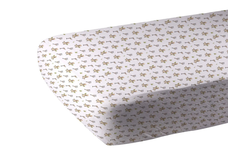 Hungry Giraffe Bamboo Muslin crib sheet with giraffe print, soft and breathable.