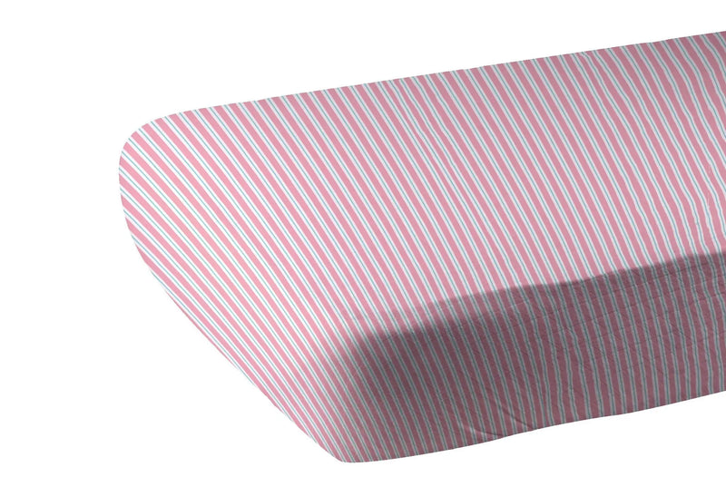 Candy Stripe Bamboo Muslin Crib Sheet with pink and white stripes, soft and breathable for standard crib mattresses.