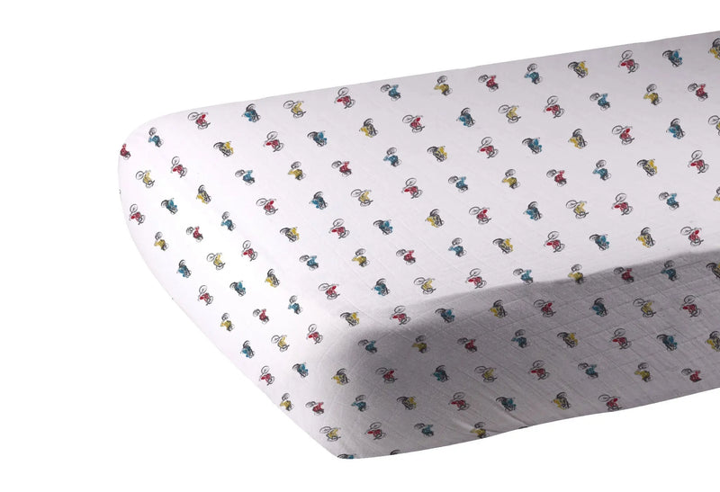 Vintage motorcycles bamboo muslin crib sheet, breathable and soft.
