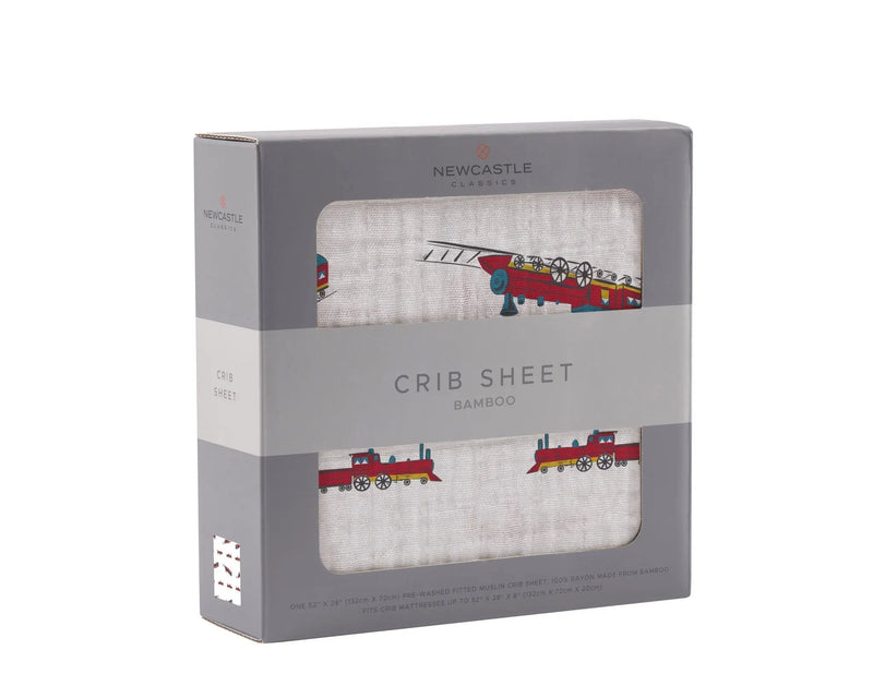 Vintage steam train bamboo crib sheet in packaging, 100% natural bamboo muslin.