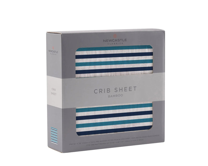 Blue and White Stripe Bamboo Crib Sheet in packaging.