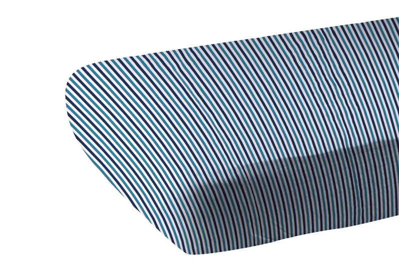 Blue and white stripe bamboo crib sheet on mattress, 100% natural muslin.