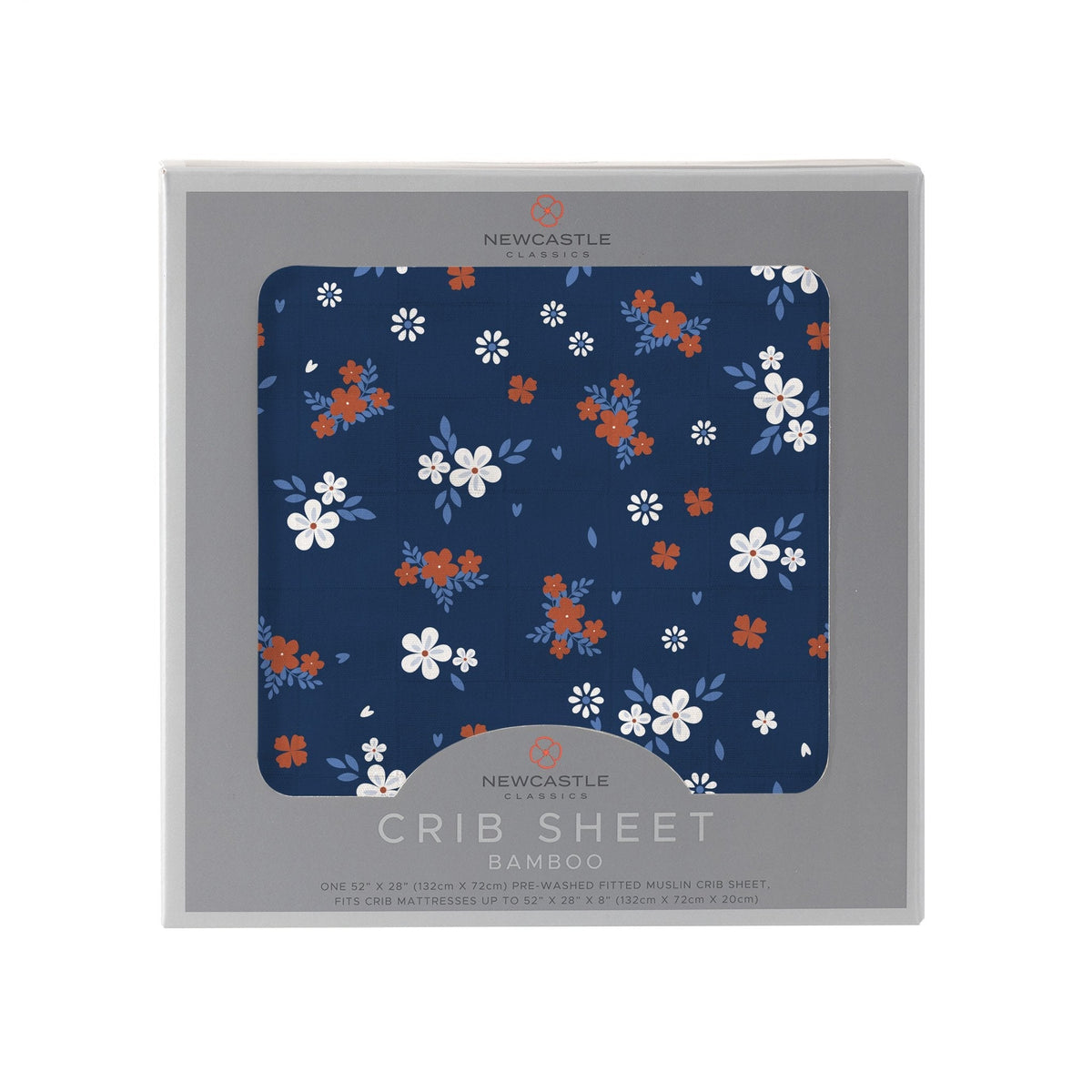 Bamboo muslin crib sheet with a soft serenity floral pattern fitted on a standard crib mattress