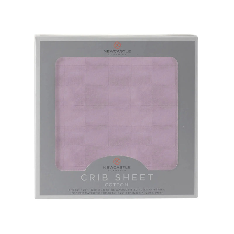 Orchid Lavender cotton crib sheet in packaging.