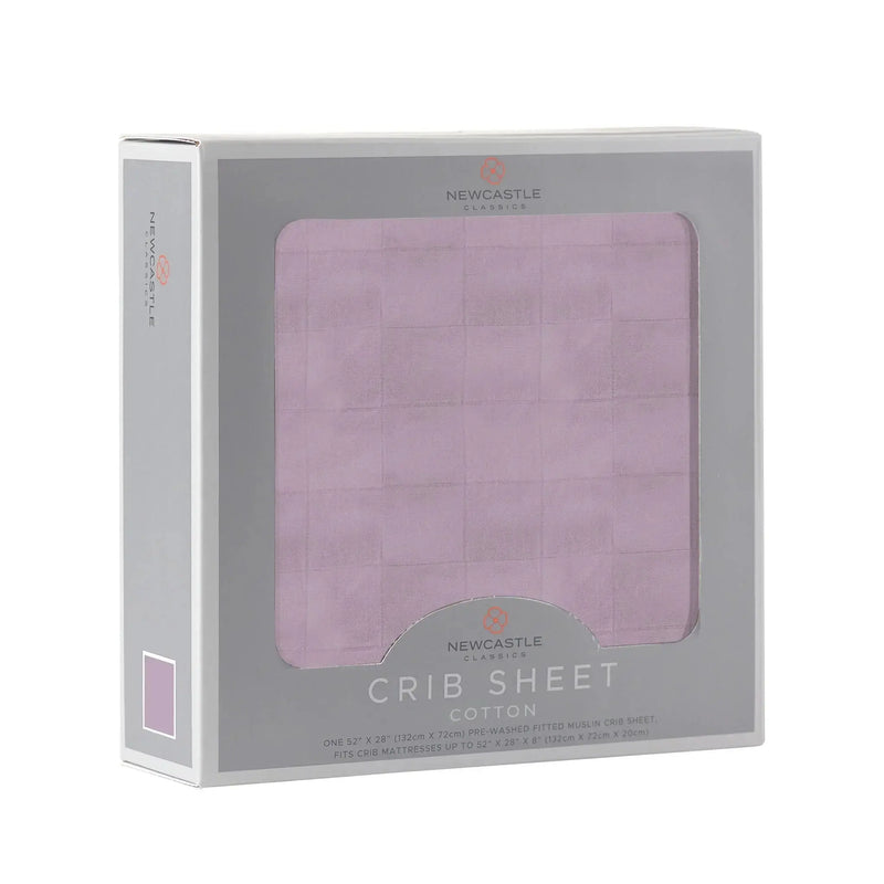 Orchid Lavender Cotton Crib Sheet in packaging, 100% natural cotton muslin, size 28"x52".
