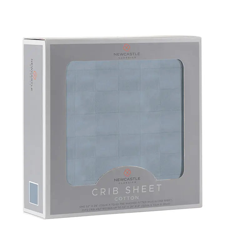 Blue Fog Newcastle Cotton Crib Sheet in packaging.