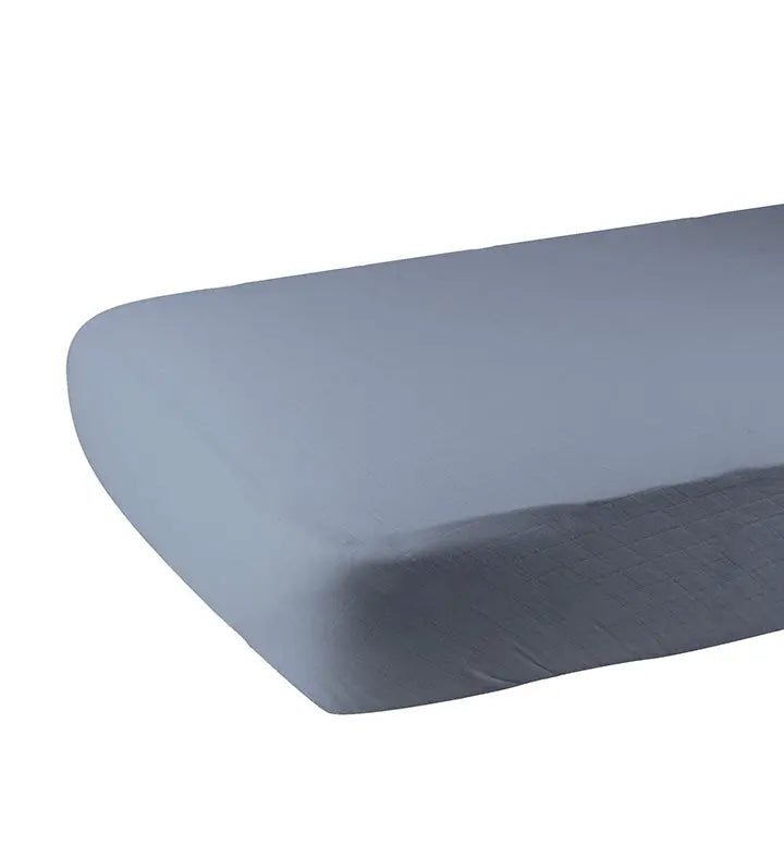 Blue Fog Newcastle Cotton Crib Sheet on Standard Mattress.