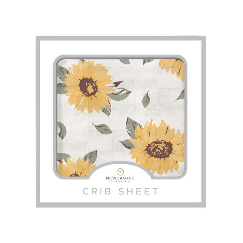 Sunflower Farm crib sheet with yellow sunflower pattern on 100% natural bamboo muslin.